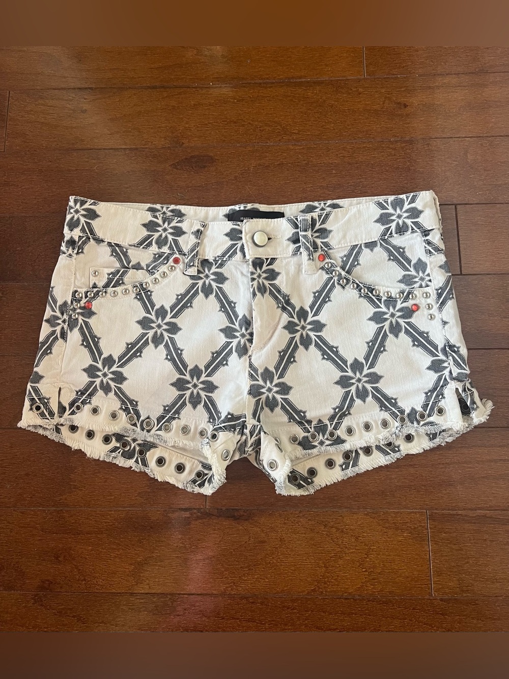 Isabel Marant Geometric Print Denim Shorts with Studs and Eyelets